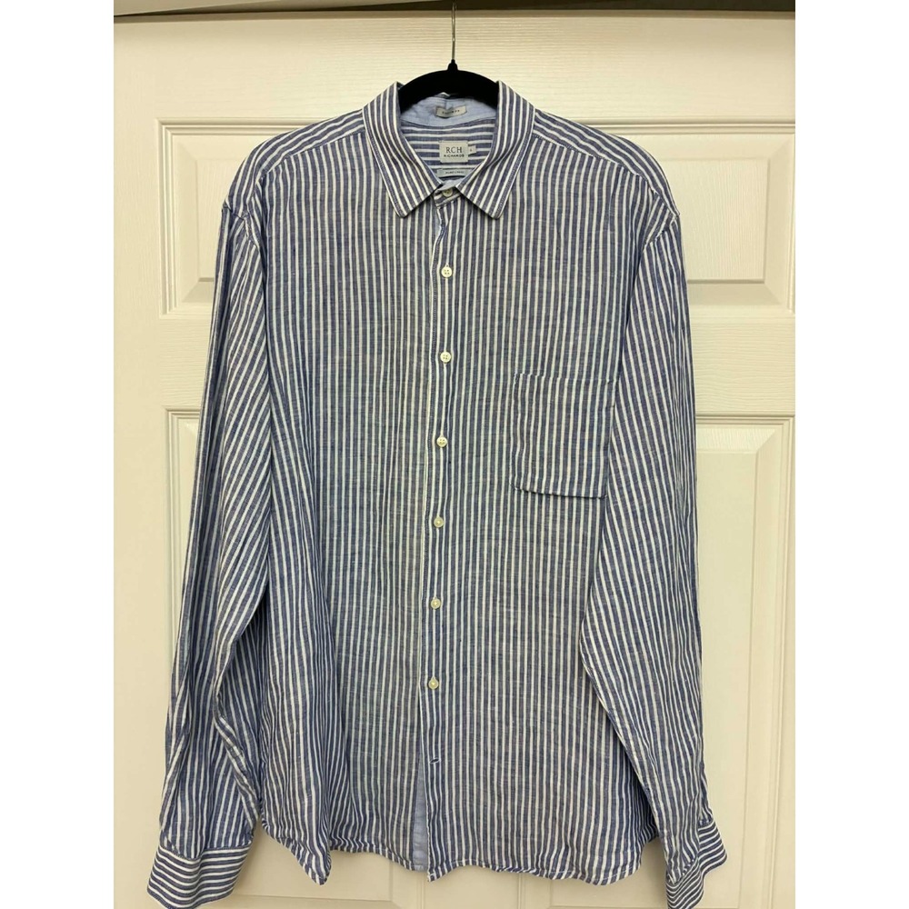 RCH Richards Linen Shirt Mens Blue White Striped Long Sleeve Button Up Casual